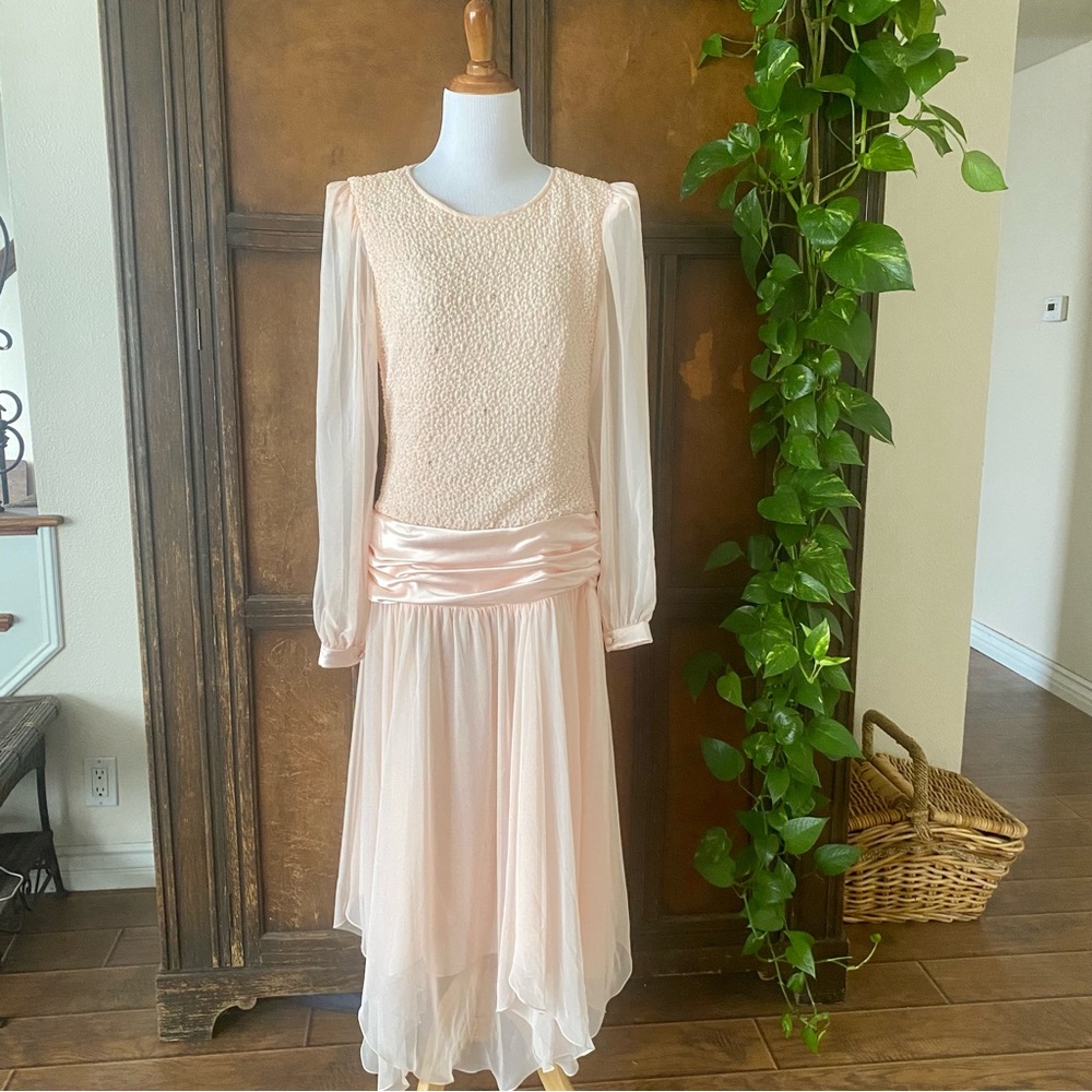 Vintage Miss Elliette pink chiffon cocktail dress womens 8